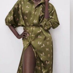 ZARA TIGER PRINT GREEN SILKY SATIN DOLMAN SLEEVE BUTTON FRONT MIDI DRESS, size L